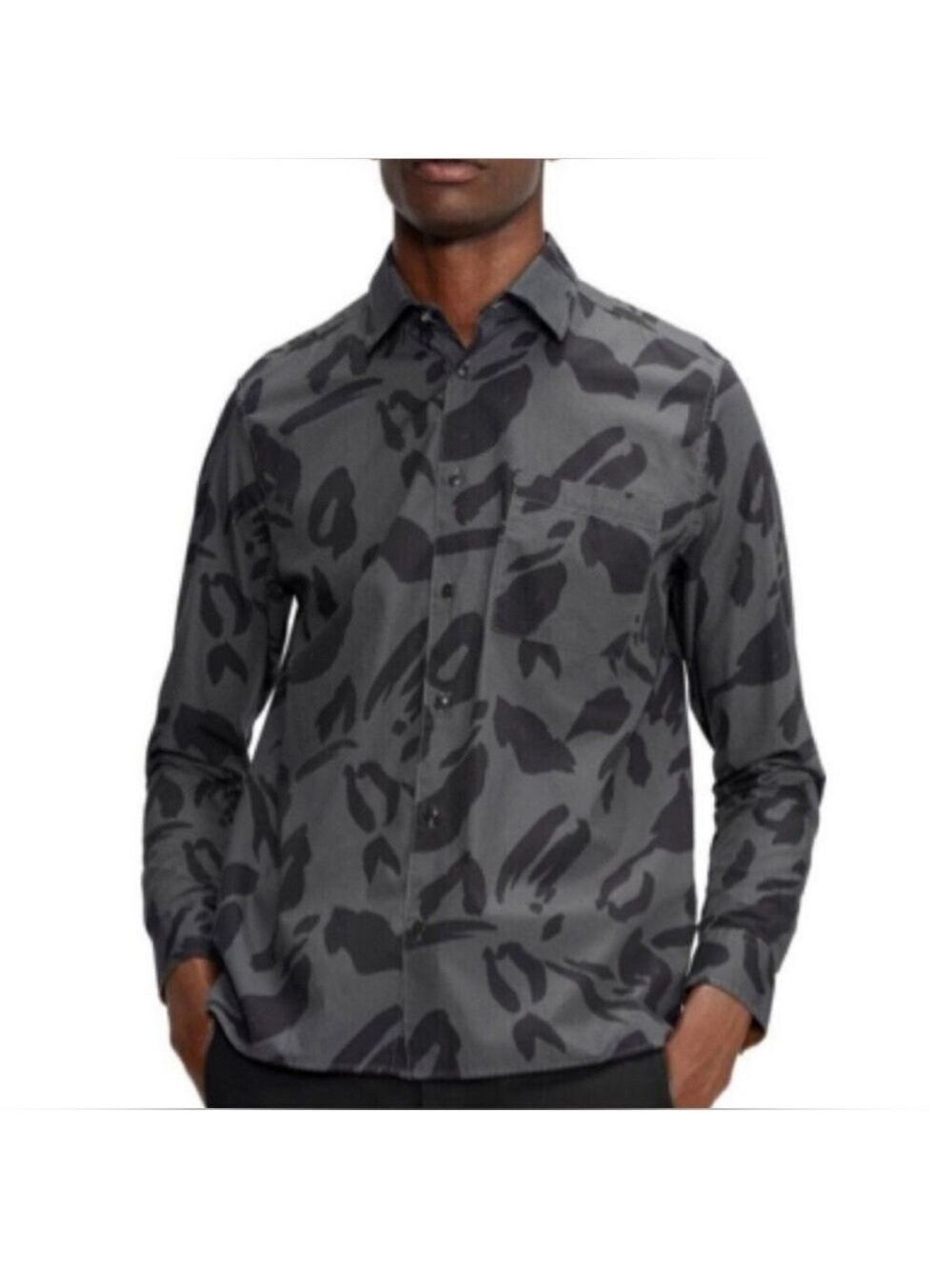 Ted Baker Long Sleeve Button Up Shirt Karpas Animal Print Charcoal Mens 6 2XL